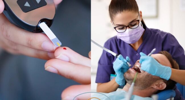 Blood sugar test and dental examination showing the link between diabetes and oral health problems