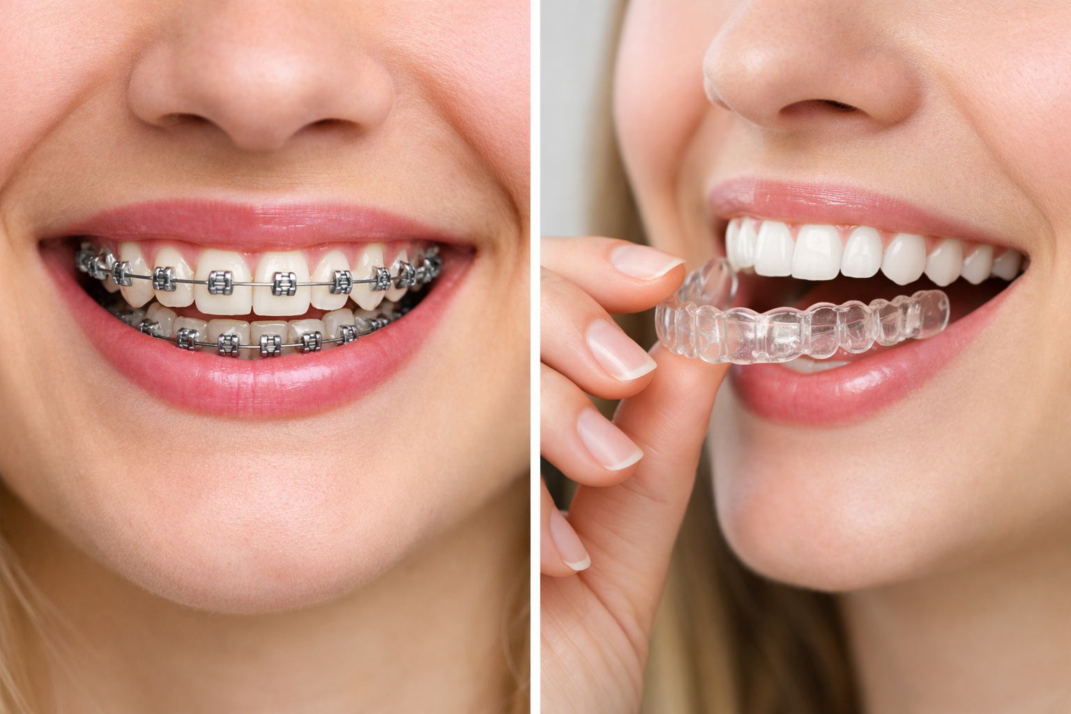lose-up comparison of teeth with metal braces and clear aligners showing orthodontic treatment options.