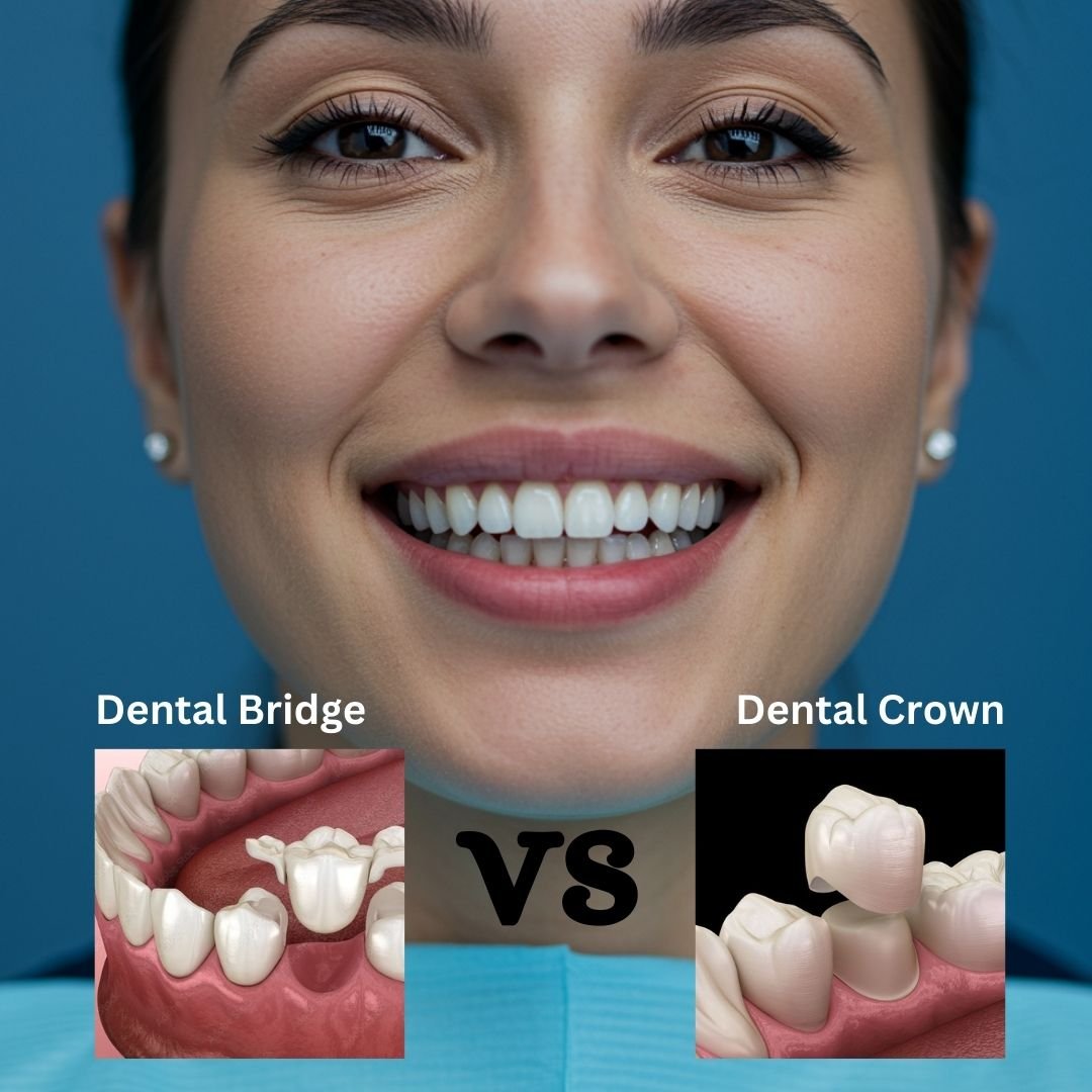 Dental bridge and dental crown treatment comparison for restoring damaged and missing teeth.
