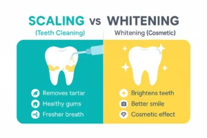 the difference between teeth scaling and teeth whitening, highlighting tartar removal, healthy gums, fresher breath, and cosmetic brightening results.